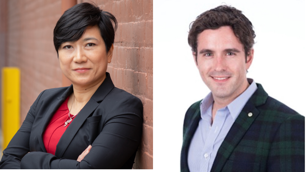 Left Portrait is of Prof. Emily Seto smiling at the camera in front of a brick wall. Right portrait is of Prof. Daniel Grace smiling at the camera in front of a white background.